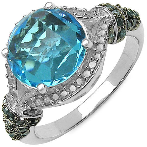 4.96 Carat Genuine Blue Topaz, Blue Diamond &amp; White Diamond .925 Sterling Silver Ring