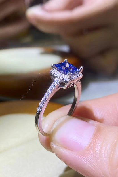 1 Carat Blue Princess-Cut Sparkala™ Platinum Over Pure Sterling Silver Square Ring by Sparkala
