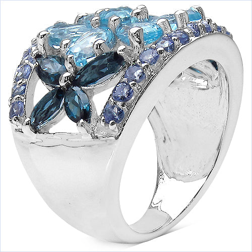 6.06 Carat Genuine Blue Topaz, London Blue Topaz &amp; Tanzanite .925 Sterling Silver Ring