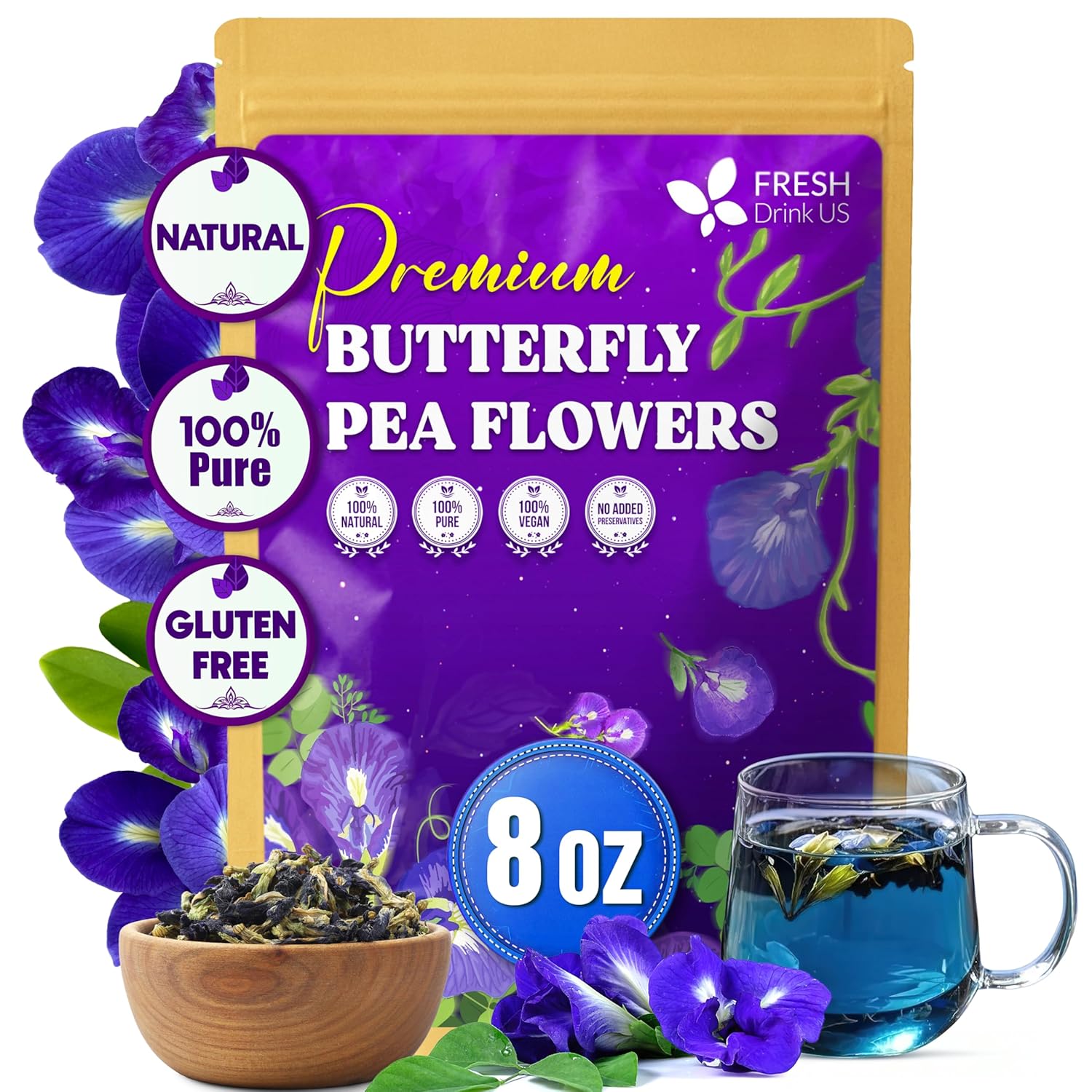 Premium Butterfly Pea Flowers, Tea Bags, 100% Natural and Pure from Butterfly Pea Flowers, Hand-made, Made With Natural Materials-Corn Fiber Tea Bag, Sugar/Caffeine/Gluten Free by FreshDrinkUS - Natural and Premium Herbal Tea
