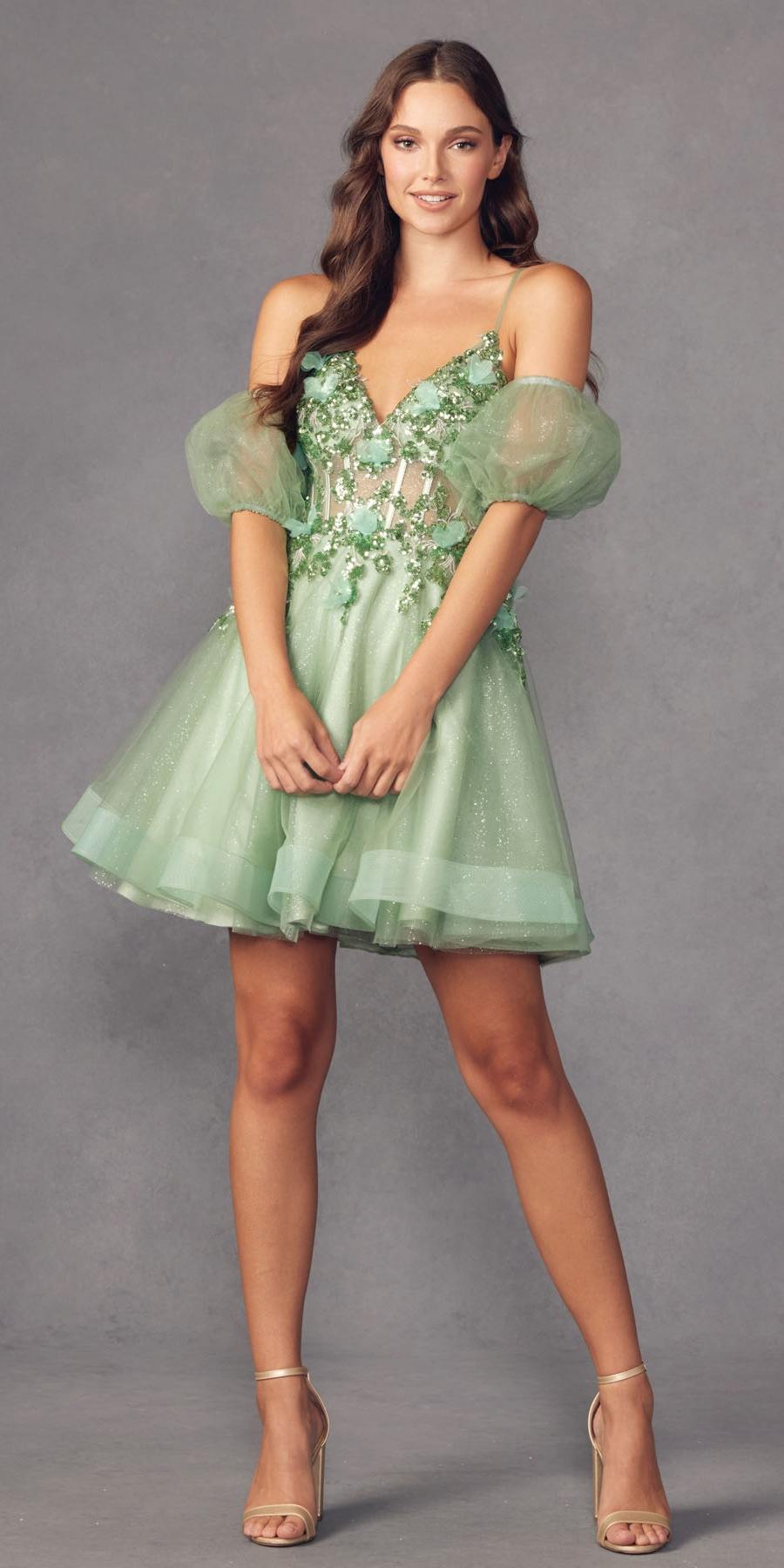 Juliet 901 Short Removable Puff Sleeves A-Line Glitter Tulle Dress by DiscountDressShop
