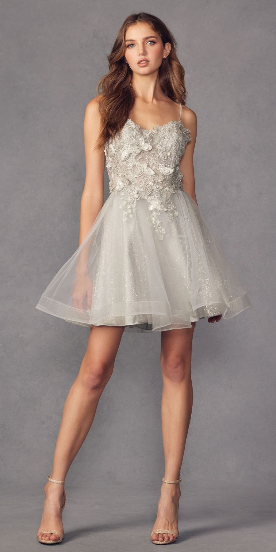 Juliet 902 Short A-Line 3D Butterfly Applique Layered Tulle Gown by DiscountDressShop