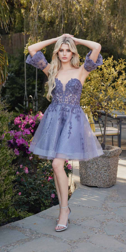 Juliet 909 Short A-Line Glitter Print Dress Removable Short Puff Sleeves by DiscountDressShop