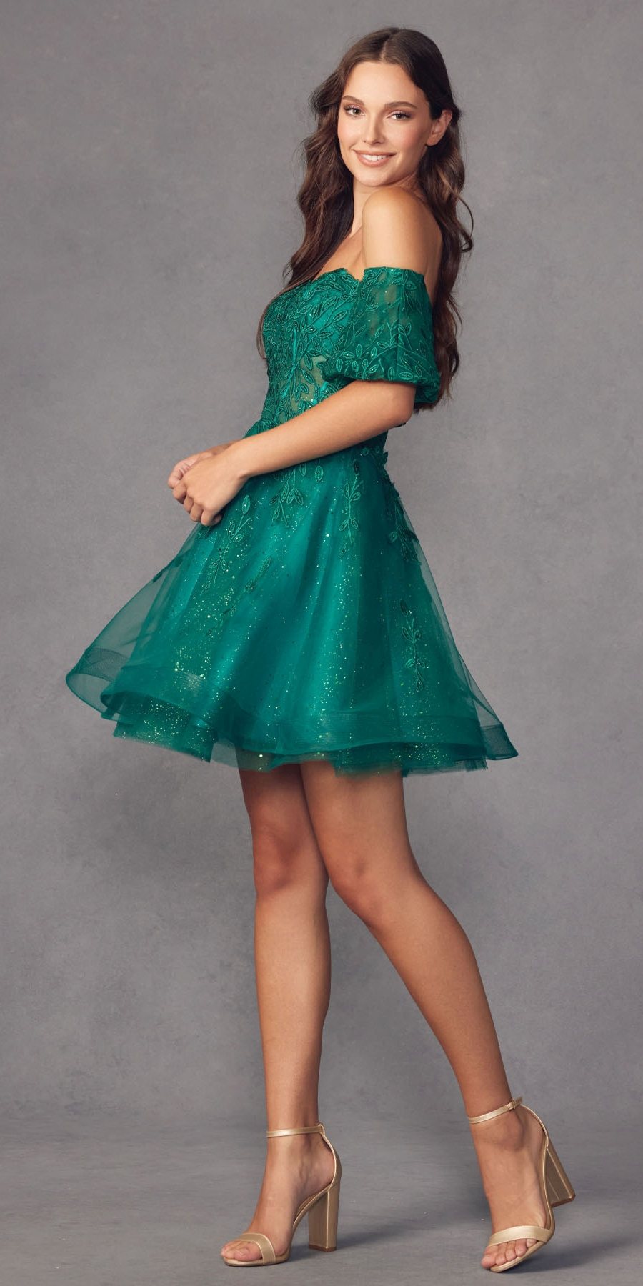 Juliet 909 Short A-Line Glitter Print Dress Removable Short Puff Sleeves by DiscountDressShop