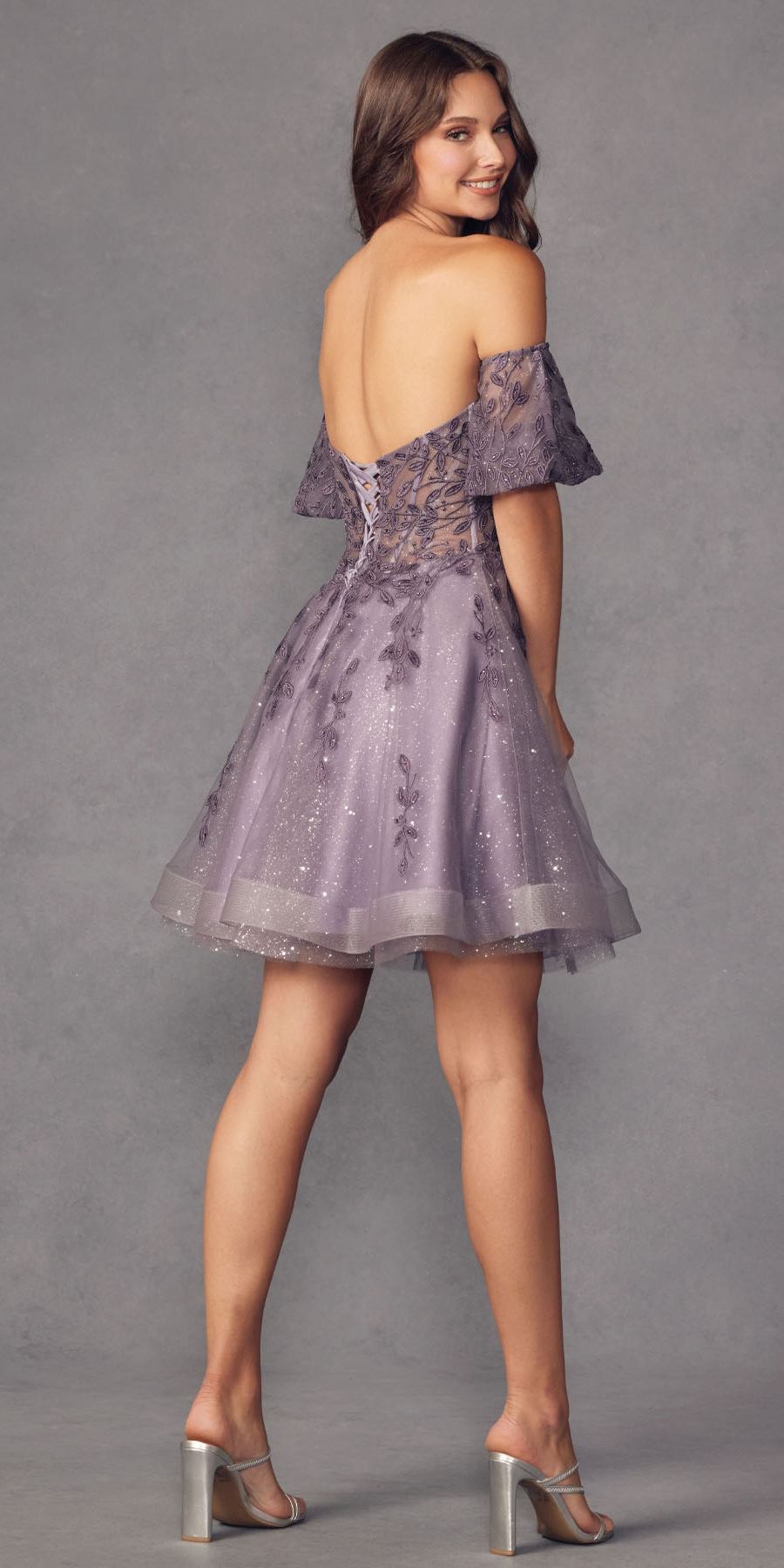 Juliet 909 Short A-Line Glitter Print Dress Removable Short Puff Sleeves by DiscountDressShop
