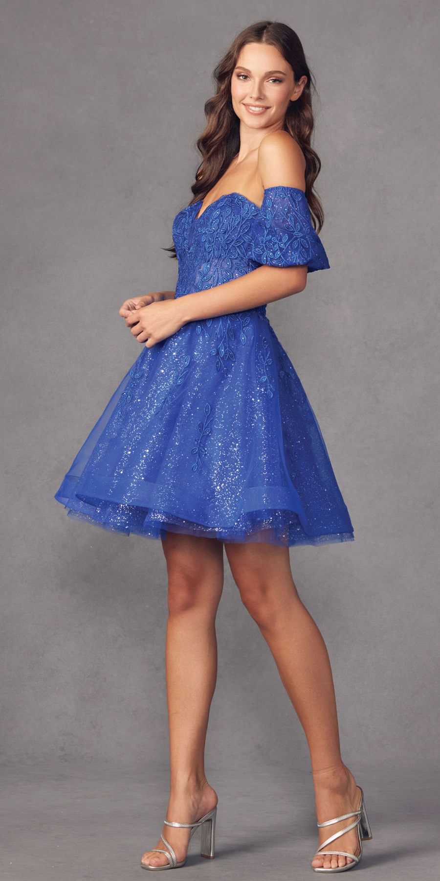 Juliet 909 Short A-Line Glitter Print Dress Removable Short Puff Sleeves by DiscountDressShop