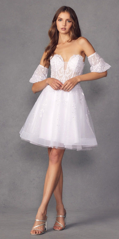 Juliet 909 Short A-Line Glitter Print Dress Removable Short Puff Sleeves by DiscountDressShop
