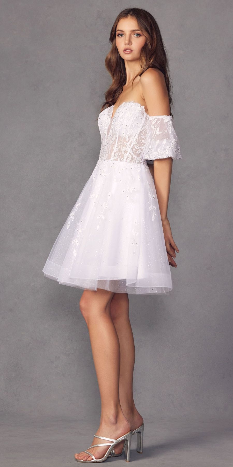 Juliet 909 Short A-Line Glitter Print Dress Removable Short Puff Sleeves by DiscountDressShop