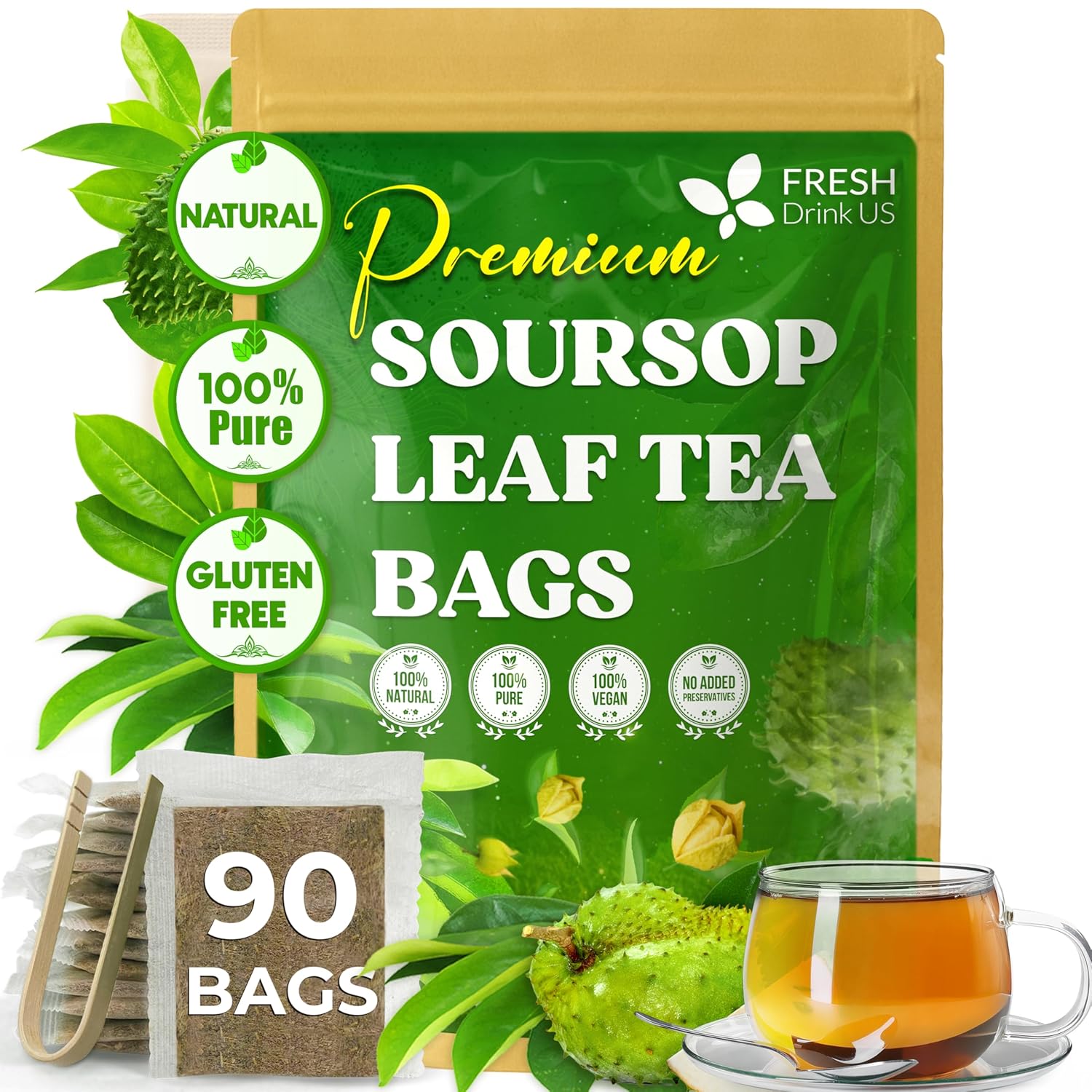 40 Premium Soursop Graviola Leaf Tea Bags, 100% Natural and Pure from Soursop Leaves, Handmade, Made With Natural Materials-Corn Fiber Tea Bag, Sugar/Caffeine/Gluten Free, Hoja Guanabana Tea by FreshDrinkUS - Natural and Premium Herbal Tea