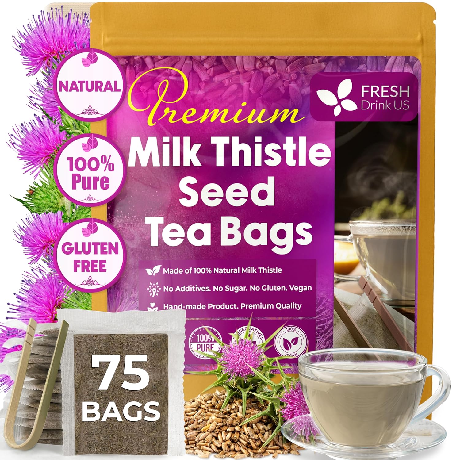 Premium Milk Thistle Tea Bags, 100% Natural &amp; Pure from Milk Thistle Seeds. Milk Thistle Seed Herbal Tea. Milk Thistle Seed Tea. Made with Natural Material Tea Bags. No Sugar, No Caffeine, No Gluten, Vegan. by FreshDrinkUS - Natural and Premium Herbal Tea