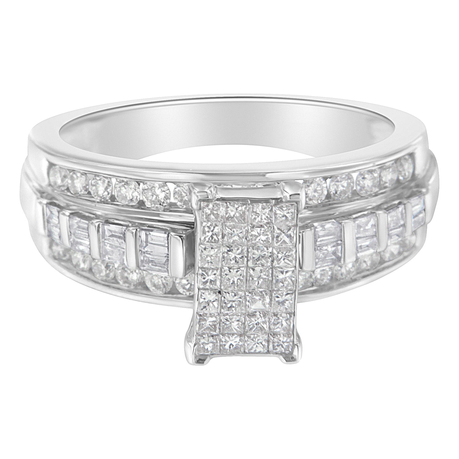 14K White Gold 1.0 Cttw Mixed-Cut Diamond Rectangle Invisible-Set Composite Cluster Ring with Bar- and Channel-Set Band (H-I Color, SI2-I1 Clarity) - Size 7