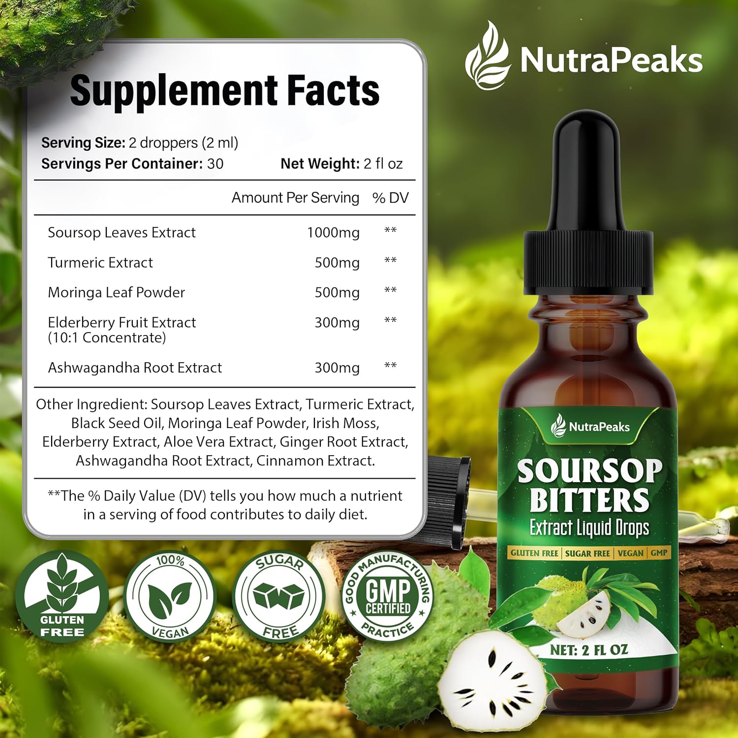Soursop Bitters Liquid Drops – Premium Herbal Blend with Soursop Leaves, Black Seed, Moringa, Ashwagandha, Senna, Goat Weed &amp; Ginger, 2 fl oz by FreshDrinkUS - Natural and Premium Herbal Tea
