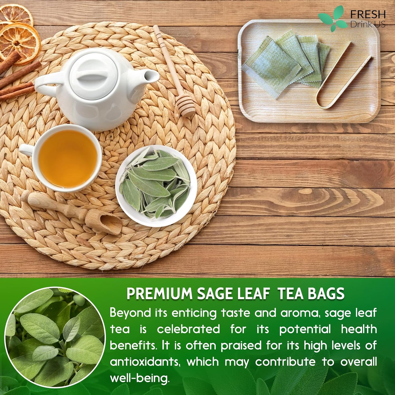 Sage Leaf Tea Bags, 100% Natural &amp; Pure from Sage Leaves. Loose Leaf Sage Herbal Tea. Sage Leaf Tea. Made with Natural Material Tea Bags. No Sugar, No Caffeine, No Gluten, Vegan. by FreshDrinkUS - Natural and Premium Herbal Tea