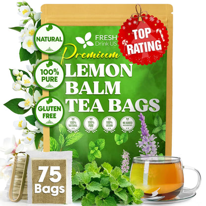 Premium Lemon Balm Leaf Tea Bags, 100% Natural &amp; Pure from Lemon Balm Leaves. Loose Leaf Lemon Balm Herbal Tea. Lemon Balm Leaf Tea. No Sugar, No Caffeine, No Gluten, Vegan. by FreshDrinkUS - Natural and Premium Herbal Tea