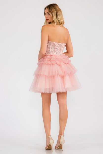 Juliet JT918A Dress Strapless Cocktail Leaf Lace Corset Bodice Ruffle Skirt by DiscountDressShop