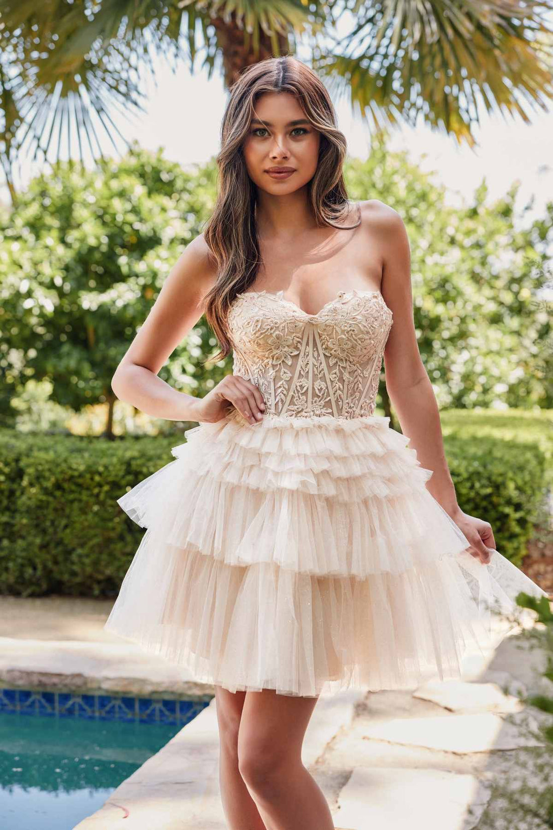 Juliet JT918A Dress Strapless Cocktail Leaf Lace Corset Bodice Ruffle Skirt by DiscountDressShop