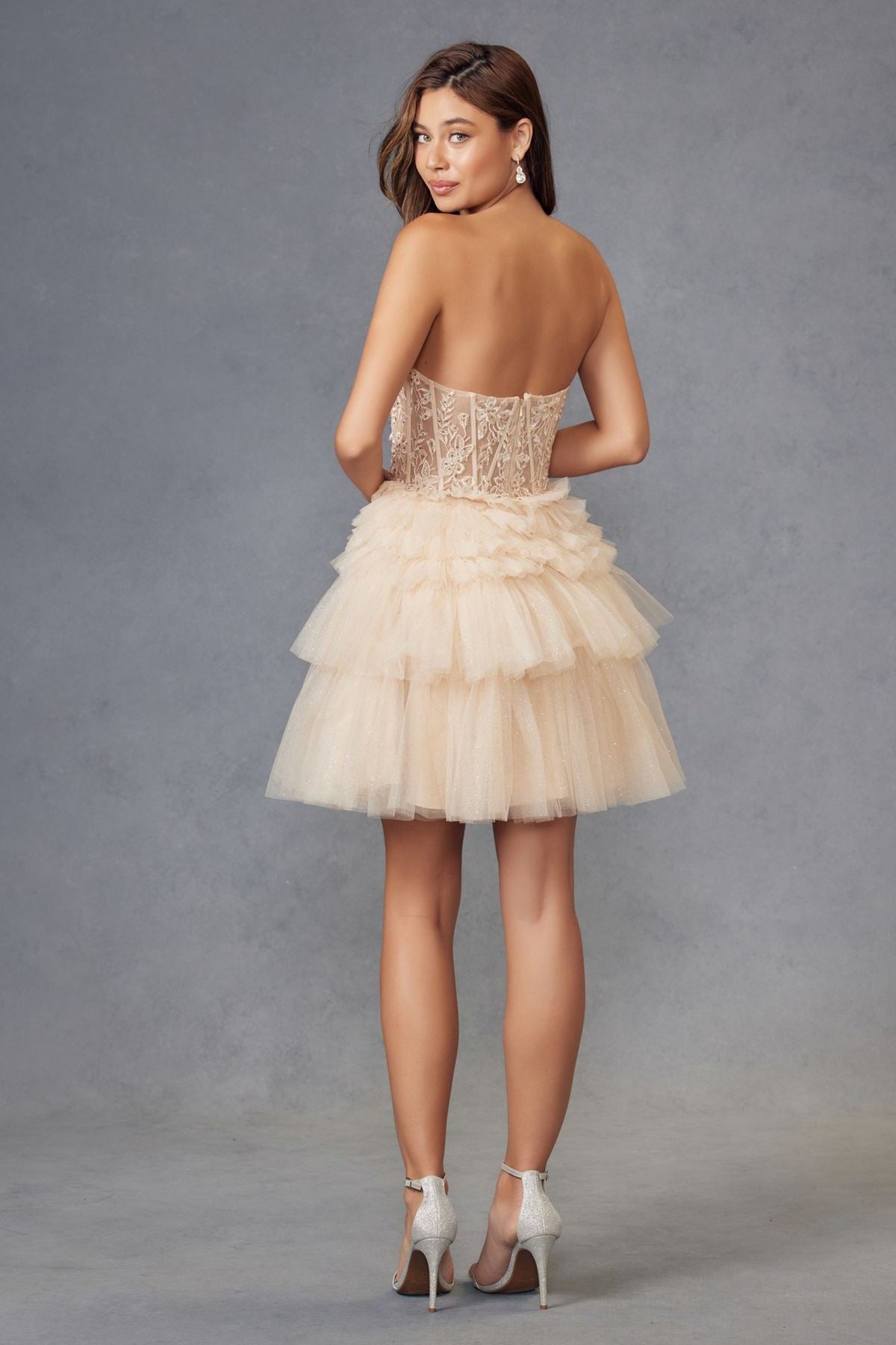 Juliet JT918A Dress Strapless Cocktail Leaf Lace Corset Bodice Ruffle Skirt by DiscountDressShop