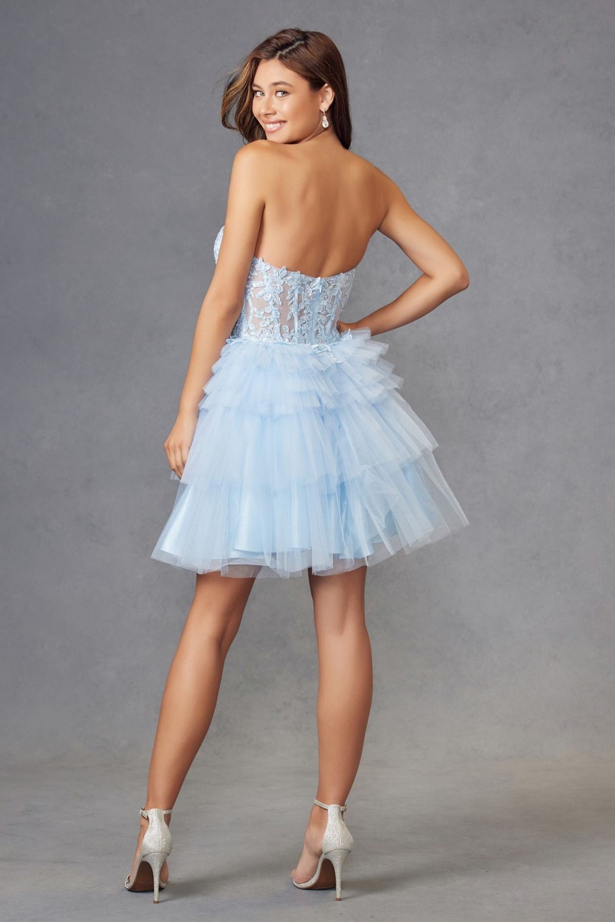 Juliet JT918A Dress Strapless Cocktail Leaf Lace Corset Bodice Ruffle Skirt by DiscountDressShop