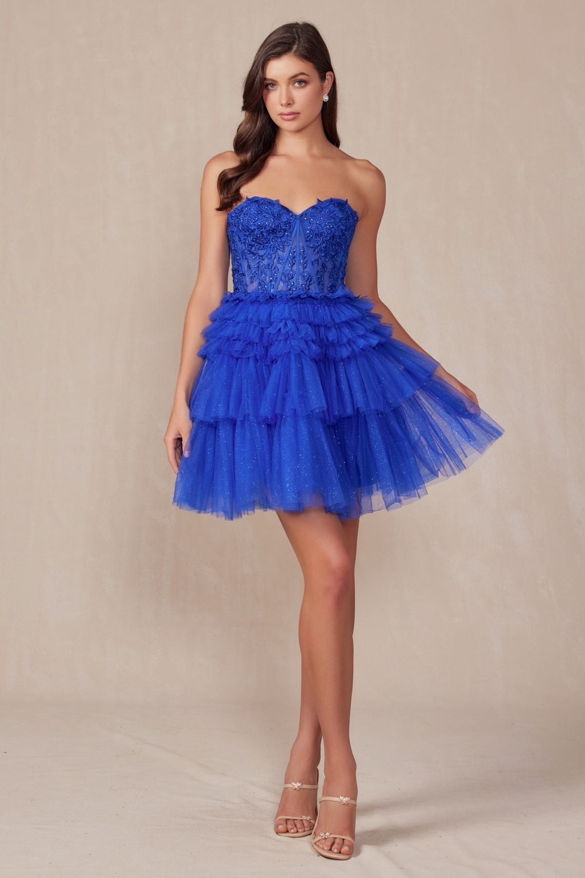 Juliet JT918A Dress Strapless Cocktail Leaf Lace Corset Bodice Ruffle Skirt by DiscountDressShop