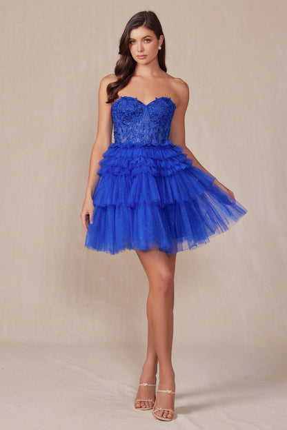 Juliet JT918A Dress Strapless Cocktail Leaf Lace Corset Bodice Ruffle Skirt by DiscountDressShop