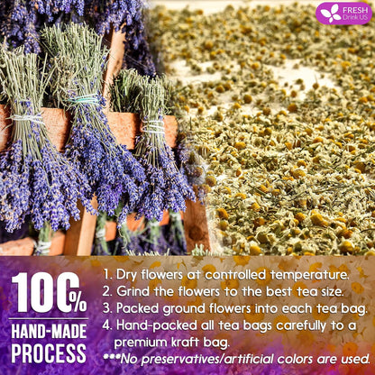 Premium Chamomile Lavender Tea Bags, Eco-conscious Tea Bags. No Sugar, No Caffeine, No Gluten, Vegan. by FreshDrinkUS - Natural and Premium Herbal Tea