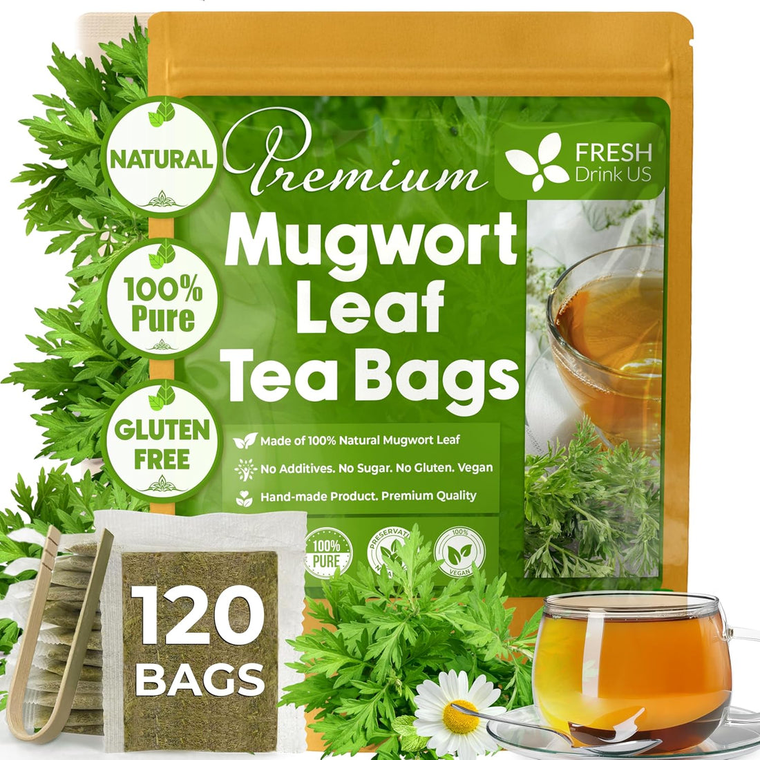 Mugwort Leaf Tea Bags, 100% Natural and Pure Mugwort Leaves, Loose Leaf Mugwort Herbal Tea, Mugwort Leaf Tea, No Sugar, No Caffeine, No Gluten, Vegan. by FreshDrinkUS - Natural and Premium Herbal Tea