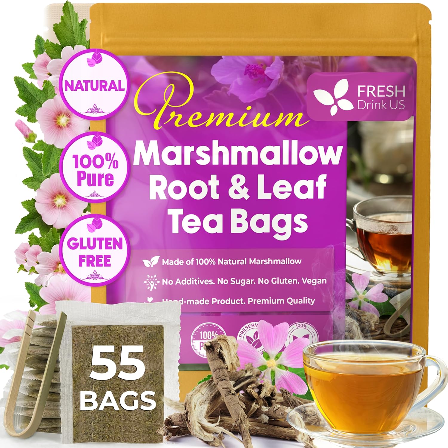 Premium Marshmallow Root and Leaf Tea Bags, 100% Natural &amp; Pure. by FreshDrinkUS - Natural and Premium Herbal Tea
