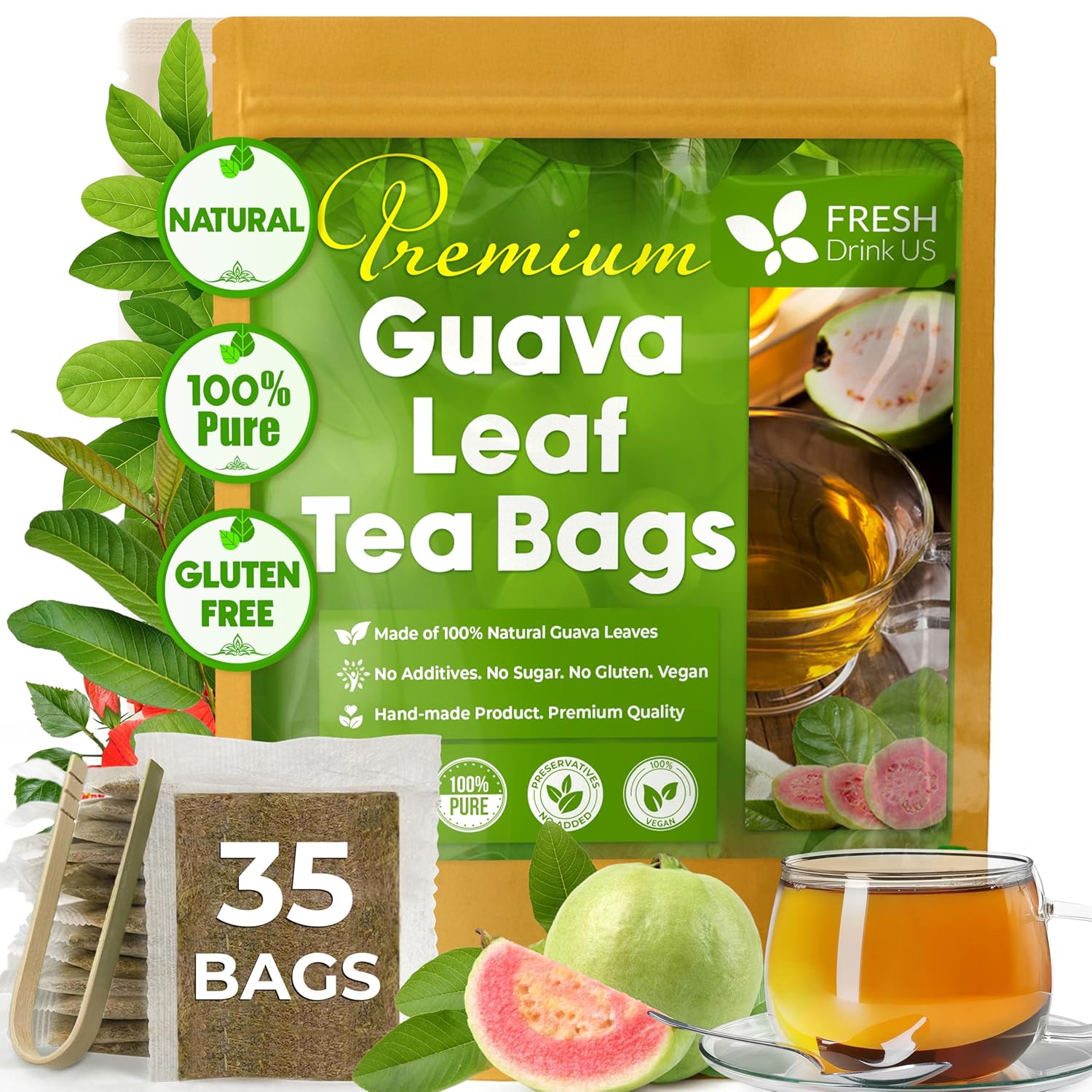 Natural Guava Leaves, Whole Dried Leaves, Cut-and-Sifted Guava leaves, 100% Pure from Guava Leaves, Natural Guava Loose Leaf Herbal Tea, No Additives, No Caffeine, Vegan by FreshDrinkUS - Natural and Premium Herbal Tea