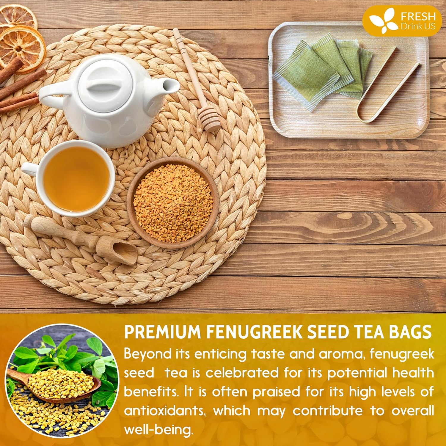 Premium Fenugreek Tea Bags. No Sugar, No Caffeine, No Gluten, Vegan. (30 Tea Bags) by FreshDrinkUS - Natural and Premium Herbal Tea