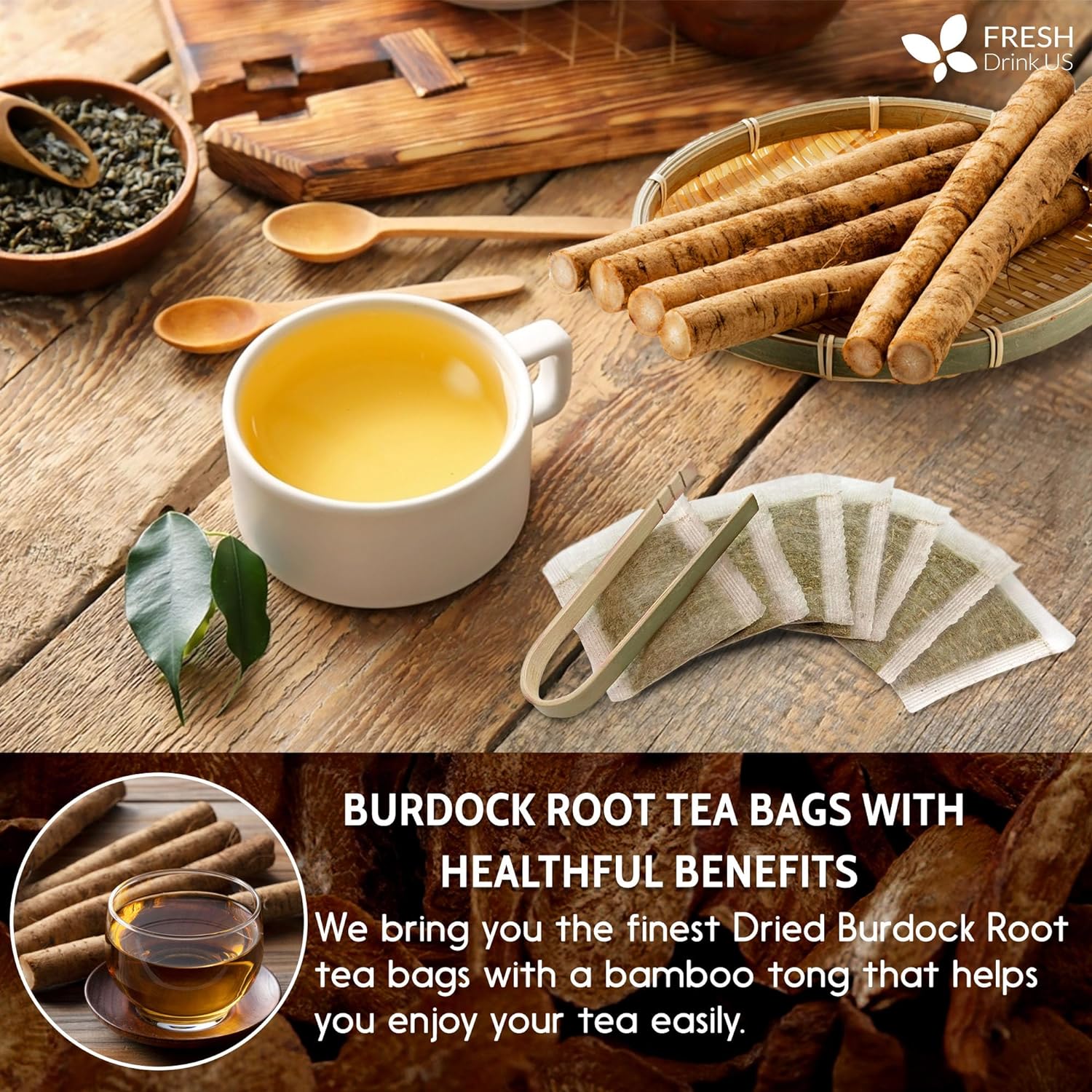 Burdock Root Tea Bags, 100% Natural &amp; Pure from Burdock Root. Burdock Root Herbal Tea. Burdock Root Tea. No Sugar, No Caffeine, No Gluten, Vegan. by FreshDrinkUS - Natural and Premium Herbal Tea
