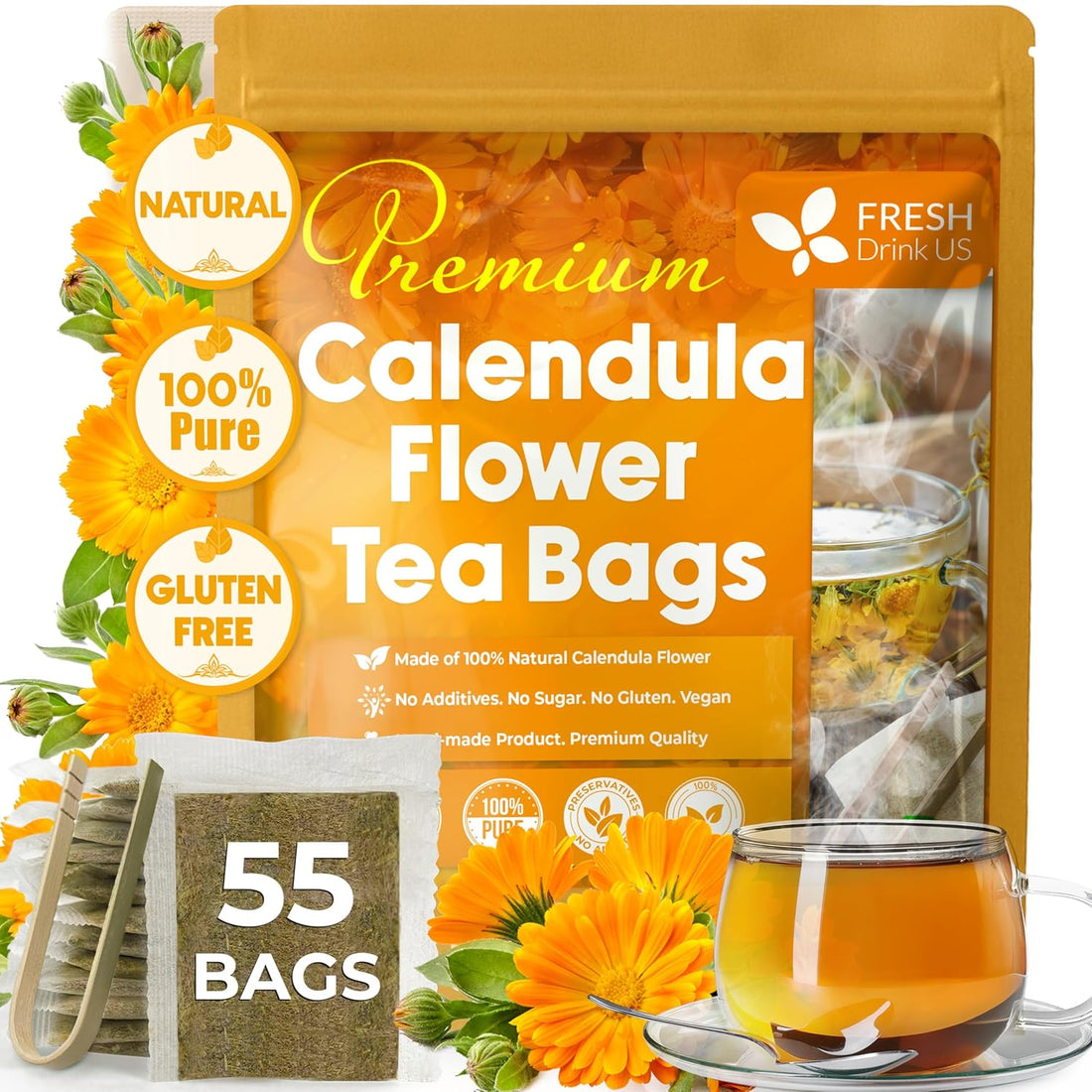 Calendula Tea Bags, 100% Natural and Pure Calendula Flowers, Eco-conscious Tea Bags. Calendula Flower Herbal Tea. No Sugar, No Caffeine, No Gluten, Vegan. by FreshDrinkUS - Natural and Premium Herbal Tea