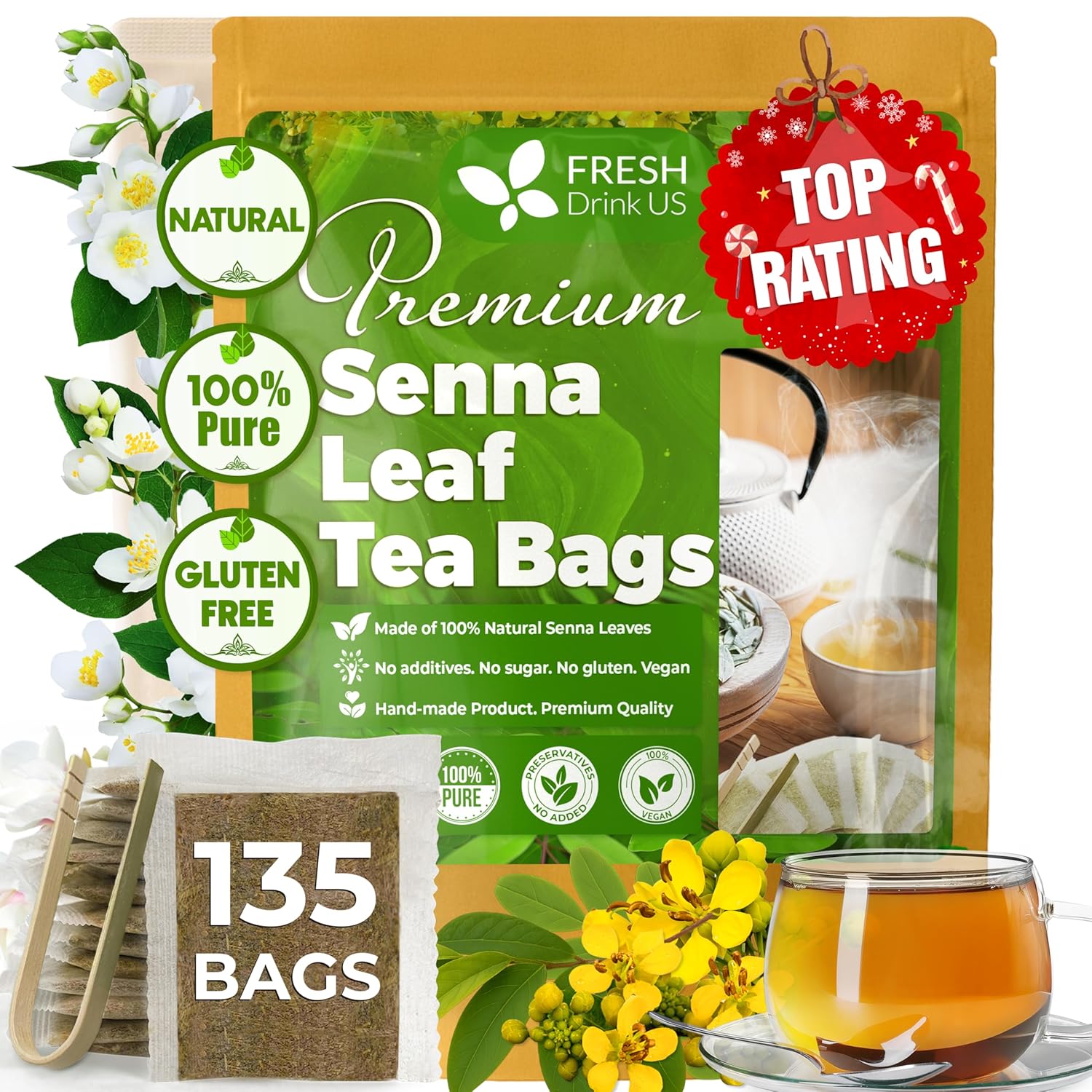Premium Senna Leaf Tea Bags, 100% Natural &amp; Pure from Senna Leaves. Loose Leaf Senna Herbal Tea, Made with Natural Material Tea Bags, Senna Leaf Tea. No Sugar, No Caffeine, No Gluten, Vegan. by FreshDrinkUS - Natural and Premium Herbal Tea