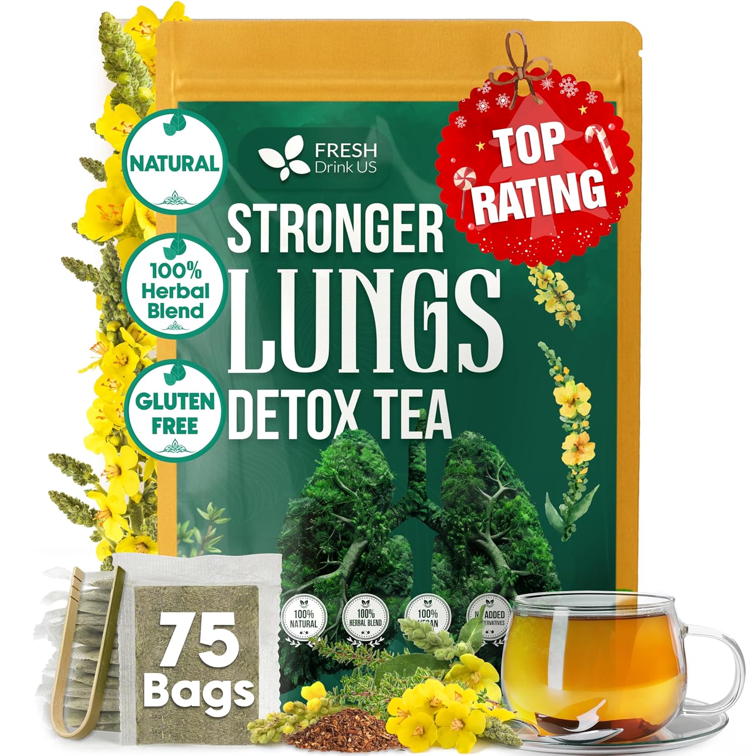StrongerLungs Tea Bags - Supports Lung Cleanse, Congestion Relief &amp; Mucus Detox by FreshDrinkUS - Natural and Premium Herbal Tea