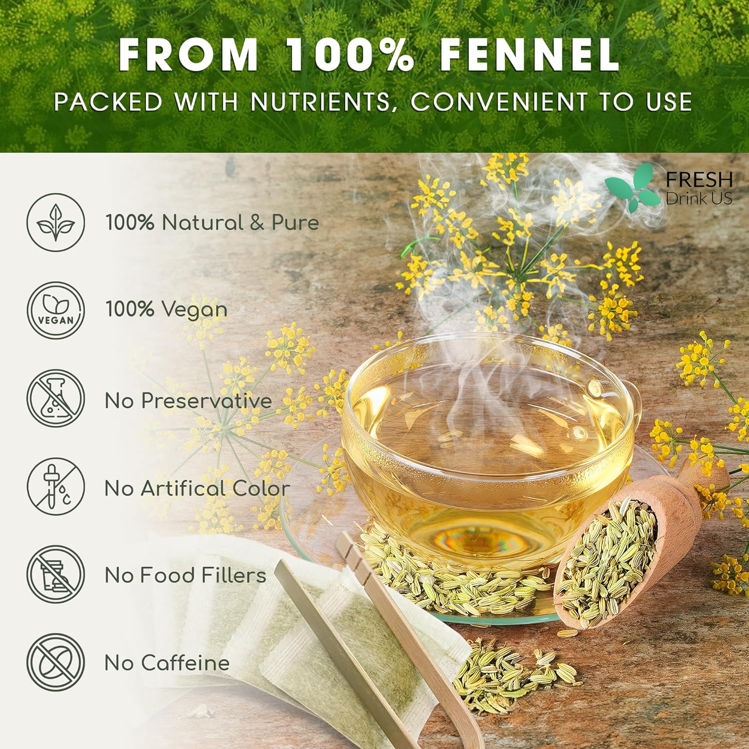Premium Fennel Tea Bags, 100% Natural &amp; Pure from Fennel Seeds. Fennel Seed Herbal Tea. Fennel Seed Tea. Made with Natural Material Tea Bags. No Sugar, No Caffeine, No Gluten, Vegan. by FreshDrinkUS - Natural and Premium Herbal Tea