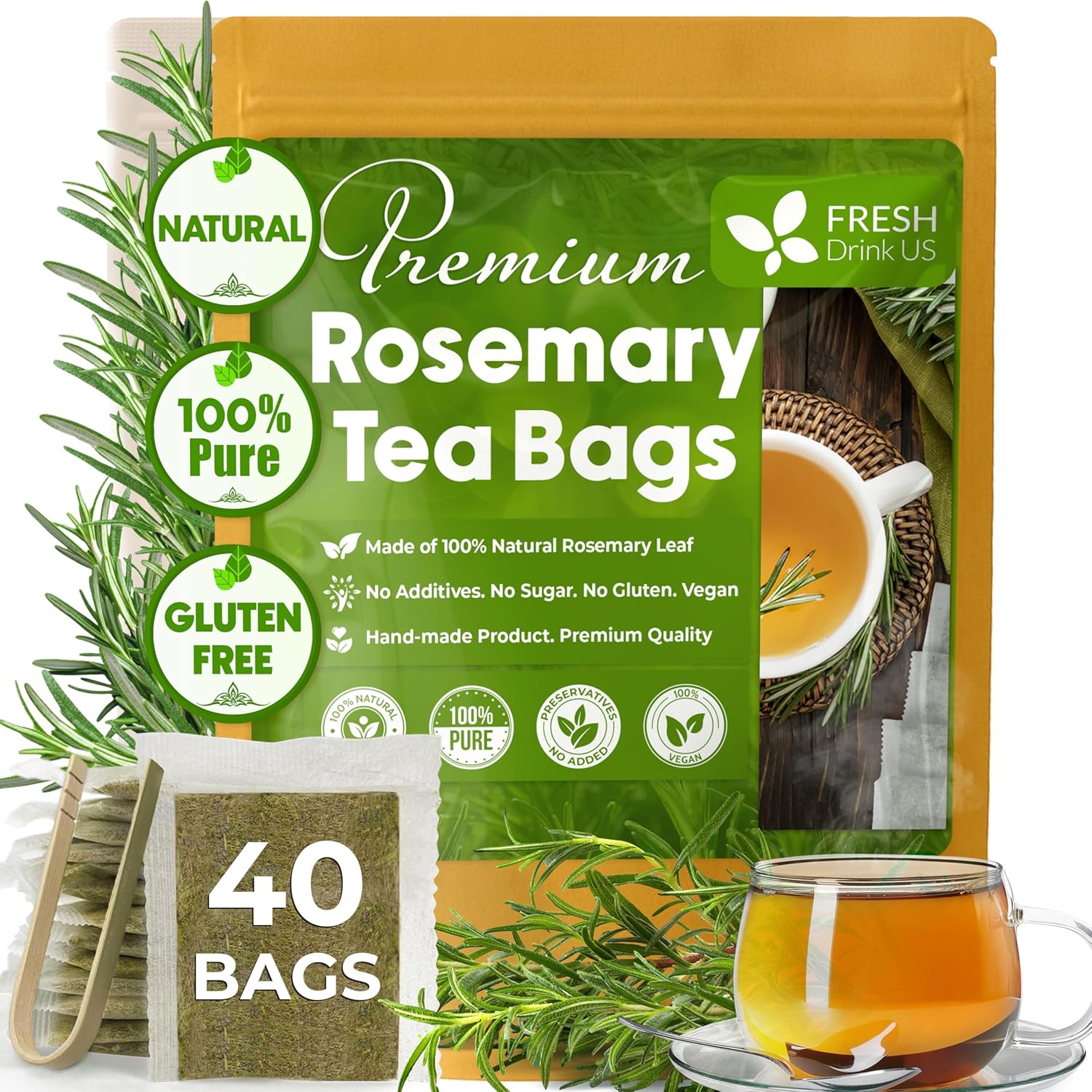Premium Rosemary Leaves, Tea Bags, Powder, 100% Natural &amp; Pure from Dried Rosemary Leaves, No Additives, No Caffeine, Vegan. Dried Rosemary Herb, Perfect for Seasoning, Spice Blends for Grilling &amp; Cooking by FreshDrinkUS - Natural and Premium Herbal Tea