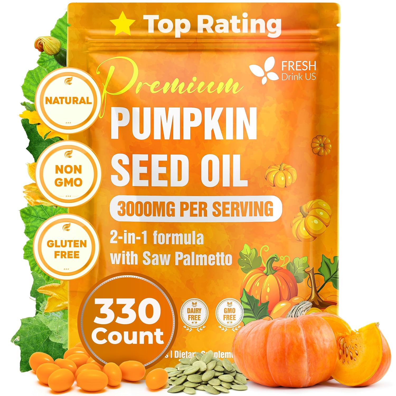 Premium Pumpkin Seed Oil Softgels with Saw Palmetto, 3000mg Per Serving, Cold Pressed, Pure Virgin Oil, Great Hair Support, Non-GMO, Gluten-Free, Vegan by FreshDrinkUS - Natural and Premium Herbal Tea