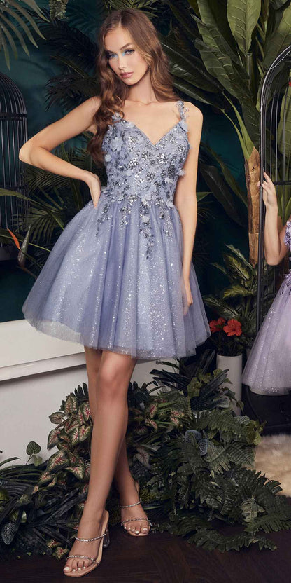 Ladivine 9245 Short A-Line Homecoming Dress with Floral Details by DiscountDressShop