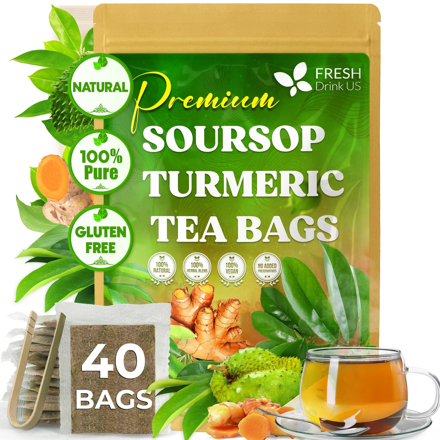 Premium Soursop Turmeric Tea Bags | Blend of Soursop Leaves, and Turmeric Root by FreshDrinkUS - Natural and Premium Herbal Tea