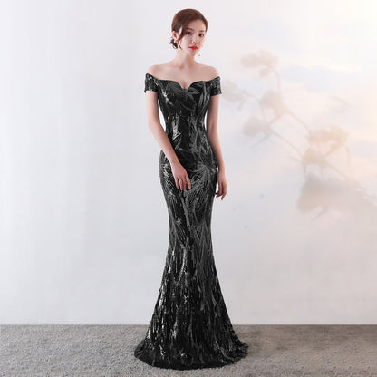 Off the Shoulder Gown Long Fish Tail Sequined Evening Dress Slim Fit Slimming Dress