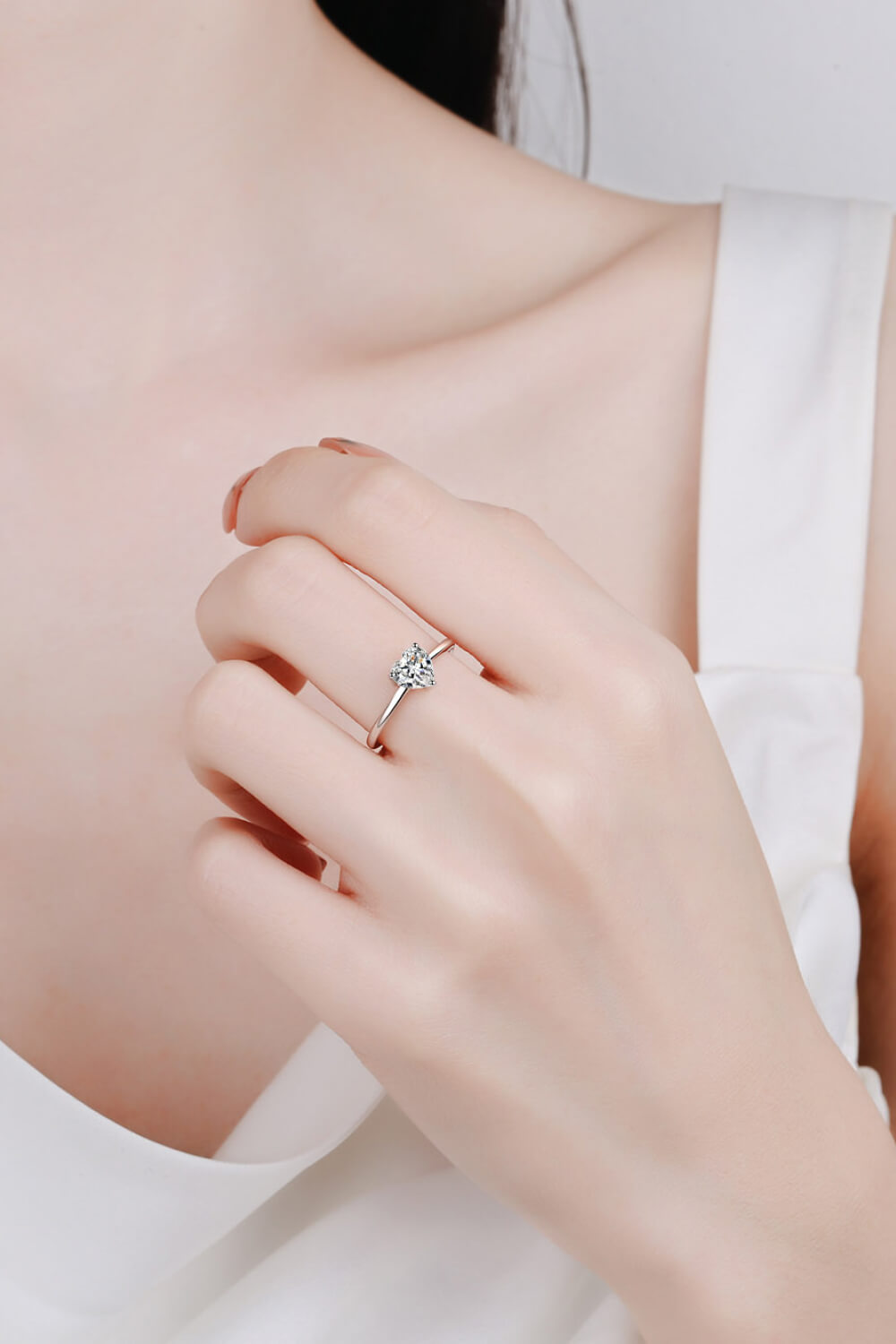 Rhodium Over Pure Sterling Silver Heart-Shaped Sparkala™ Solitaire Ring by Sparkala