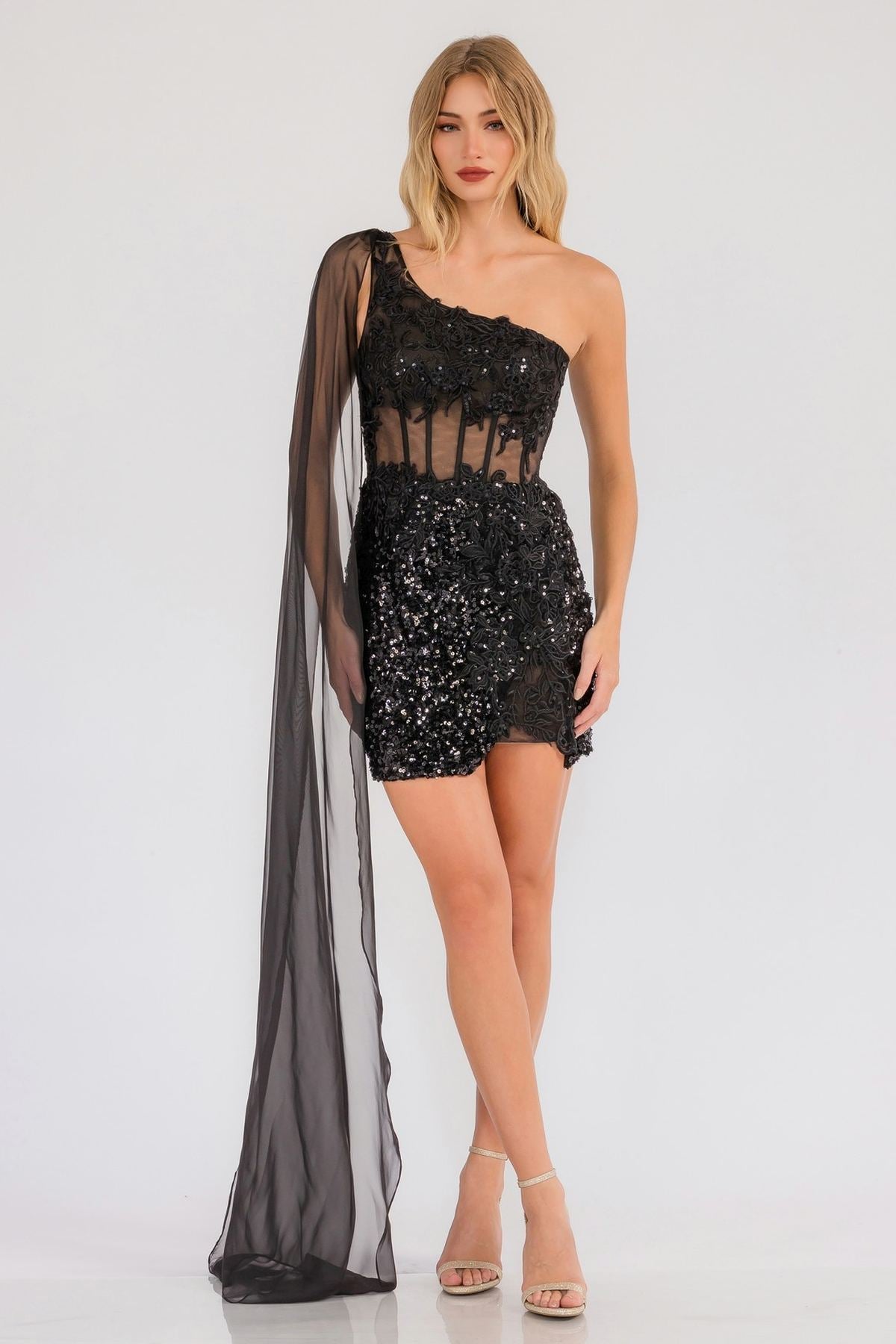Juliet JT937R Dress One Shoulder Cape Sleeve Cocktail Sequin Gown by DiscountDressShop