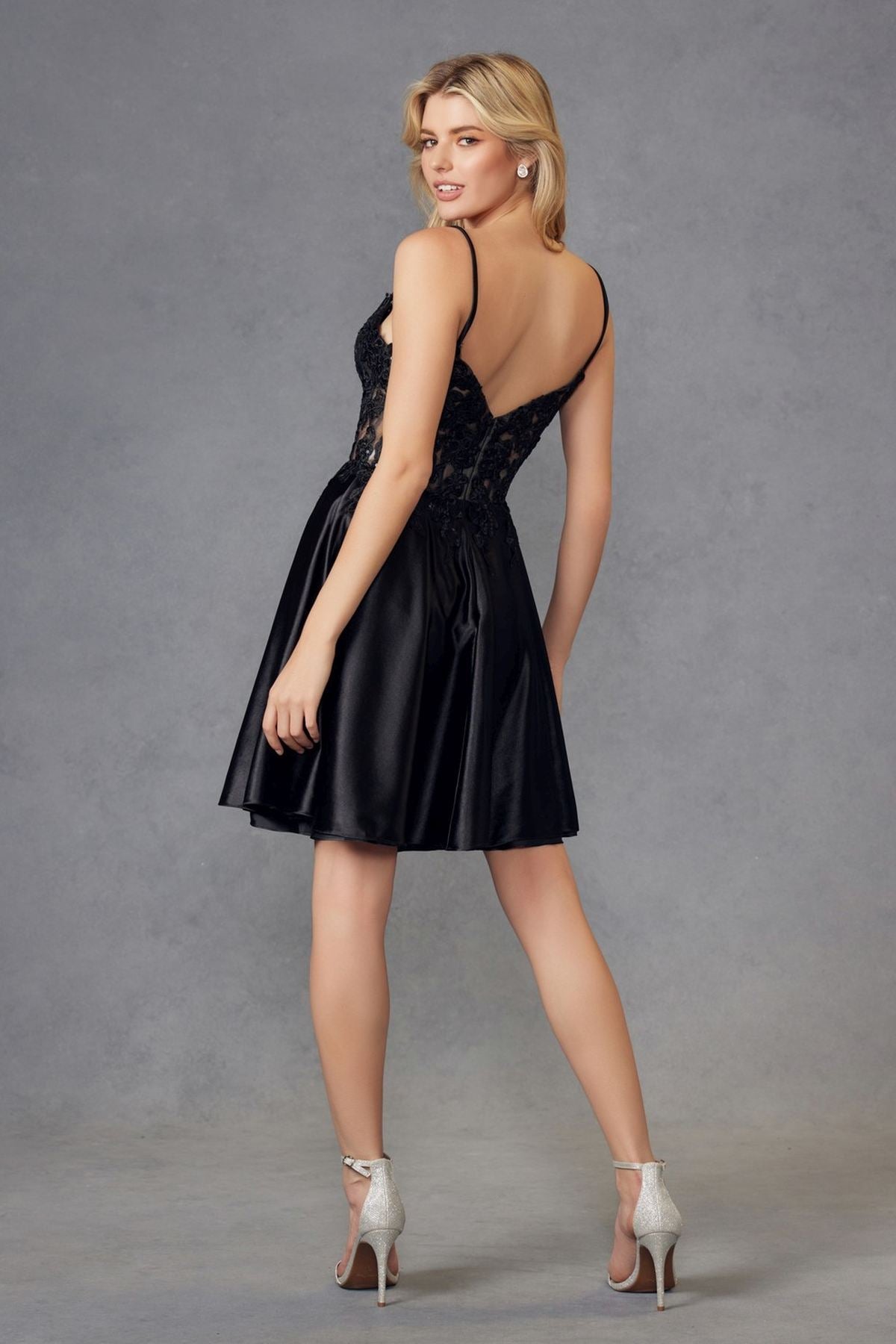 Juliet JT940R Dress V-Neck Leaf Lace Corset Bodice Satin Skirt by DiscountDressShop