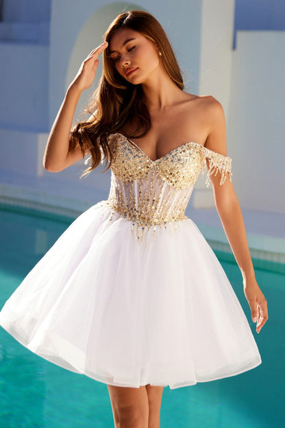 Juliet JT947L Short Off the Shoulder Homecoming A-Line Dress by DiscountDressShop