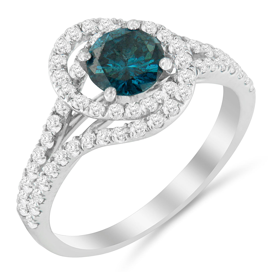 14K White Gold 1-1/3 Cttw White &amp; Blue Diamond Interweaving Double Halo Cocktail Statement Ring (G-H and Fancy Blue Color, SI2-I1 Clarity) - Size 6