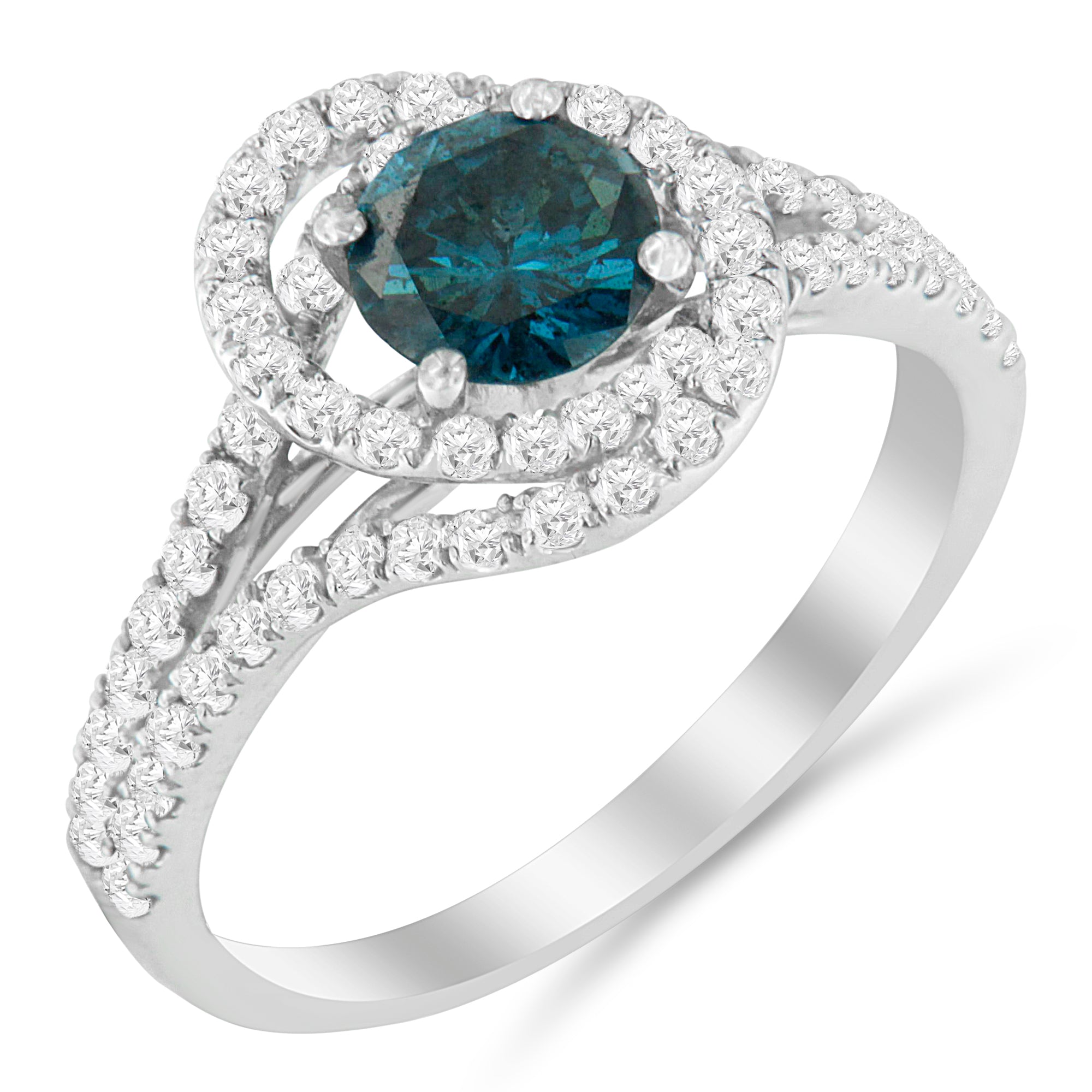 14K White Gold 1-1/3 Cttw White &amp; Blue Diamond Interweaving Double Halo Cocktail Statement Ring (G-H and Fancy Blue Color, SI2-I1 Clarity) - Size 6