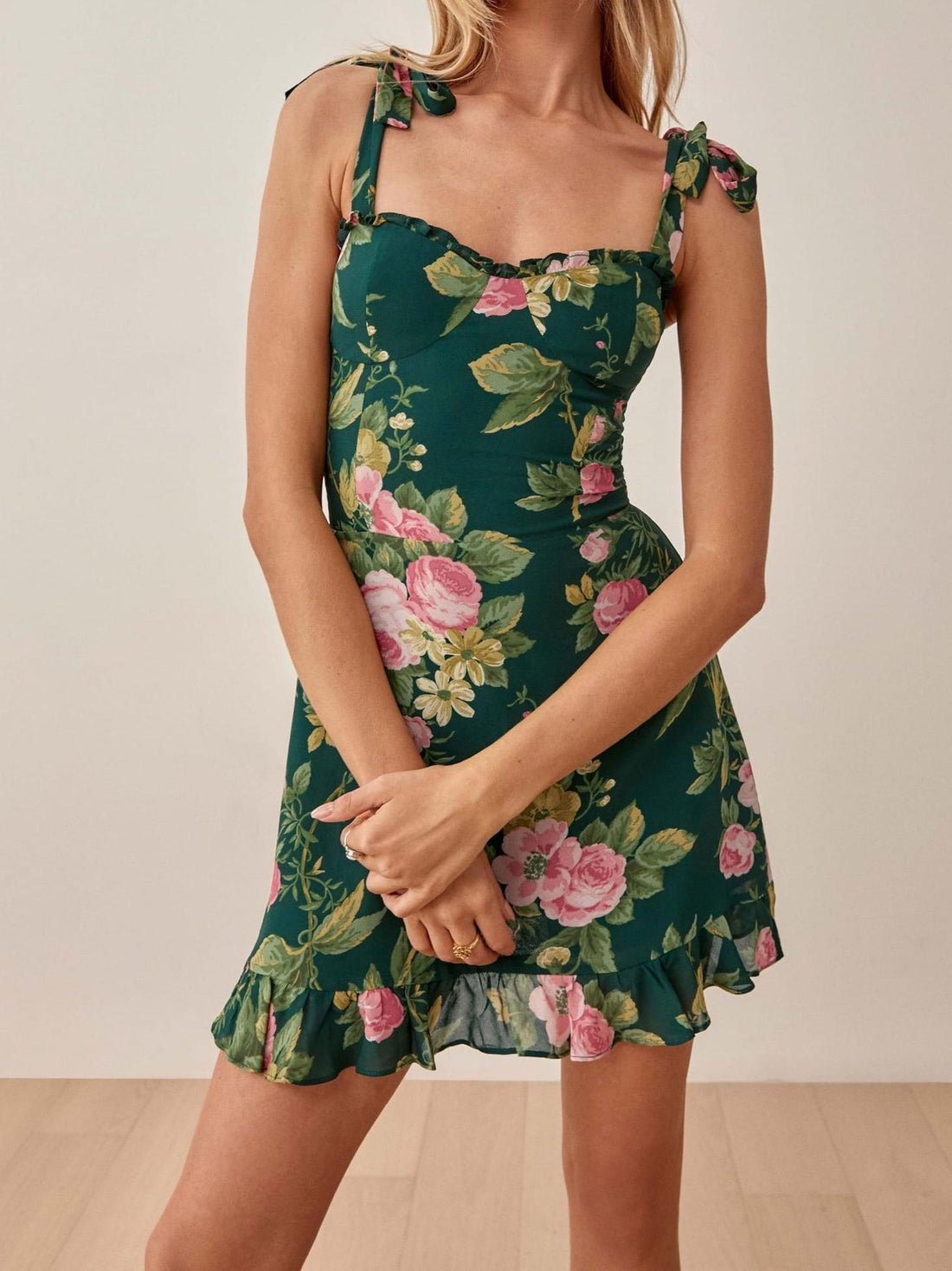 Summer French Vintage Little Fresh Floral Print Slim Fit Stringy Selvedge Lace up Dress Short Tie Strap by Ragazza