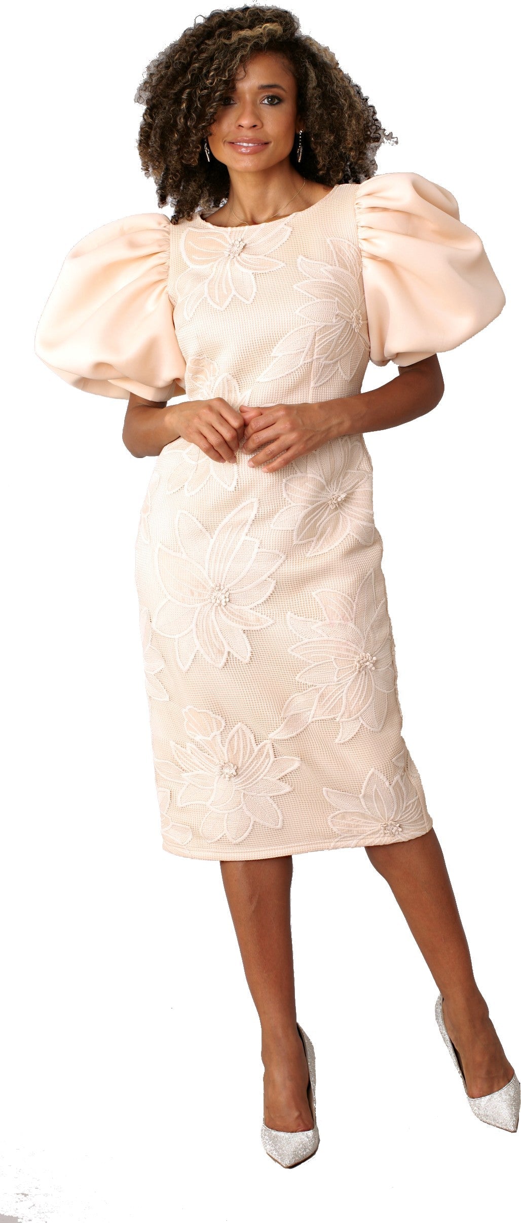 Floral Jacquard Puff Sleeve Midi Dress - 9705 by Tally Taylor