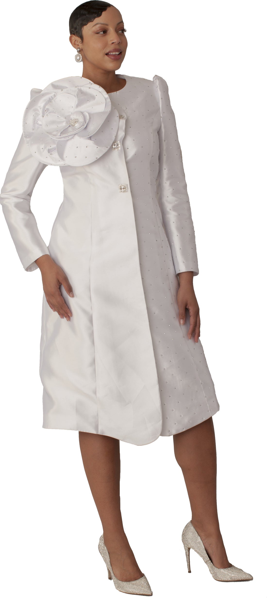 Pearl-Studded Floral Appliqué Coat Dress - 9751 by Tally Taylor