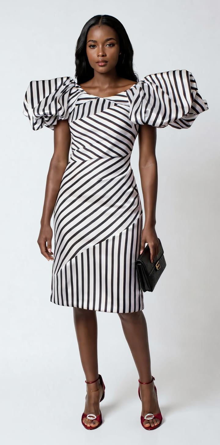 Dramatic Striped Midi Dress with Statement Sleeves - 9758 by Tally Taylor