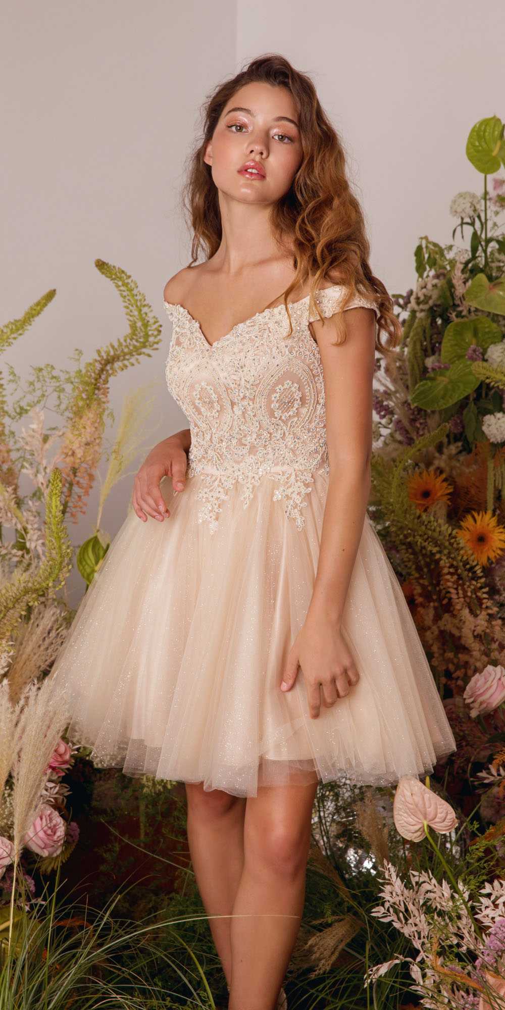CLEARANCE - Eureka 9833 Short A-Line Off Shoulder Glitter Mesh Dress (Size M) by DiscountDressShop
